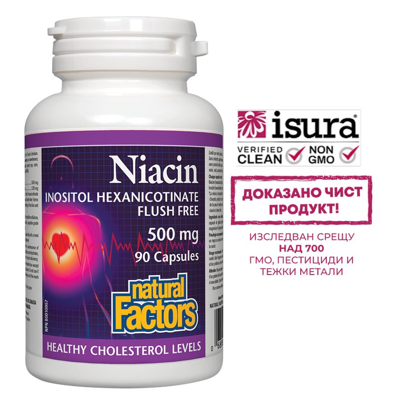 Ниацин 500 mg + Инозитол 120 mg (инозитол хексаникотинат, без зачервяване) – Нервна система и метаболизъм, 90 капсули