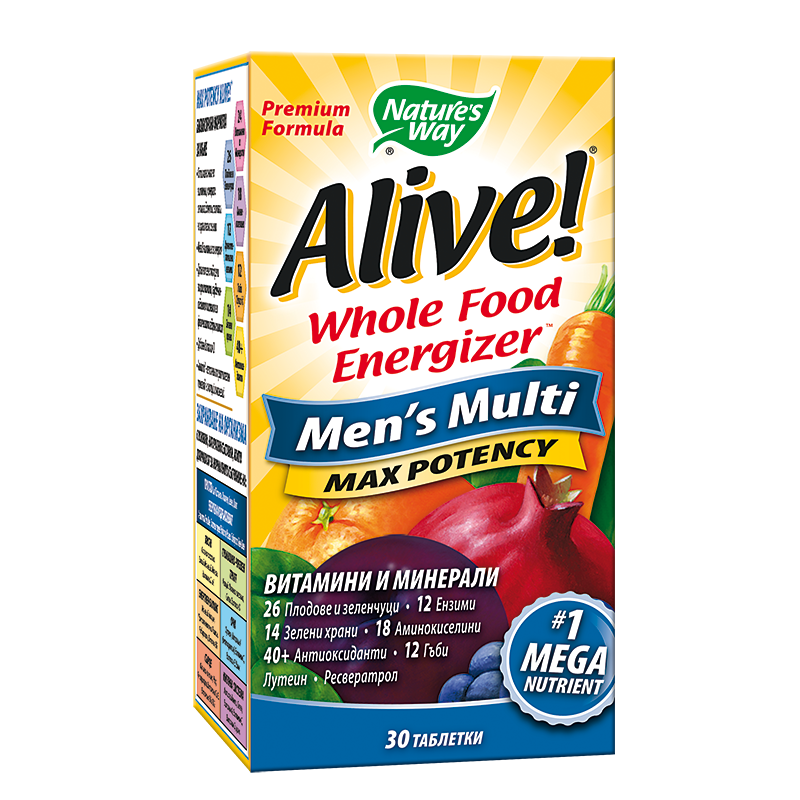 Мултивитамини за мъже максимум сила Алайв - Alive! Men's Multi Max Potency Whole Food Energizer, 30 таблетки