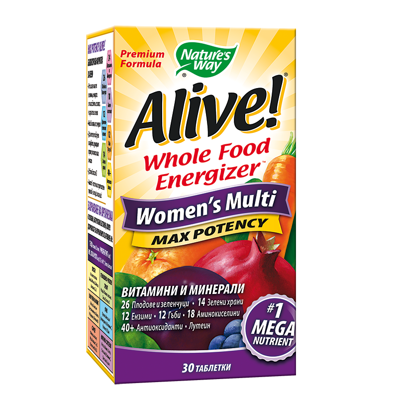 Мултивитамини за жени максимум сила Алайв - Alive! Women's Multi Max Potency Whole Food Energizer, 30 таблетки