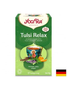 Yogi Tea Tulsi Relax – аюрведичен чай със свещен босилек, женско биле и лимонена трева, БИО, 17 филтърни пакетчета - Билкови  чайове