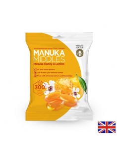 Вкусни бонбони за смучене с мед от манука, цинк и лимон - Manuka Middles Honey & Lemon MGO 300 - Пчелни продукти
