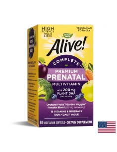 Мултивитамини за бременни премиум Алайв с растителна DHA - Alive! Complete Premium Prenatal Multivitamin, 60 софтгел капсули - По здравно направление
